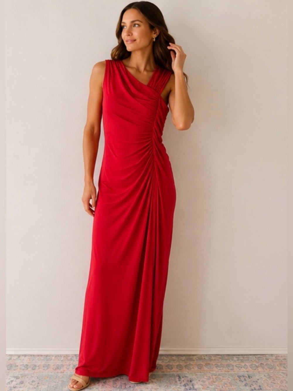 Calvin Klein Red One-Shoulder Ruched Evening Gown